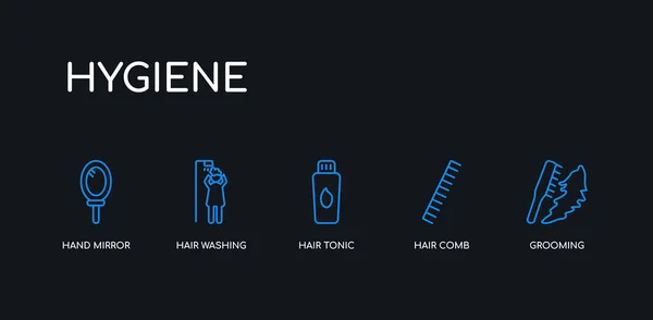5 trazo trazo azul aseo, peine, tónico para el cabello, lavado de cabello, espejo de mano iconos de la colección de higiene sobre fondo negro. línea editable lineal delgada iconos . — Vector de stock