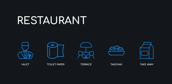 5 umrissene Striche Blue Take away, Takoyaki, Terrasse, Toilettenpapier, Valet Icons aus der Restaurantsammlung auf schwarzem Hintergrund. Linie editierbare lineare dünne Symbole. — Stockvektor