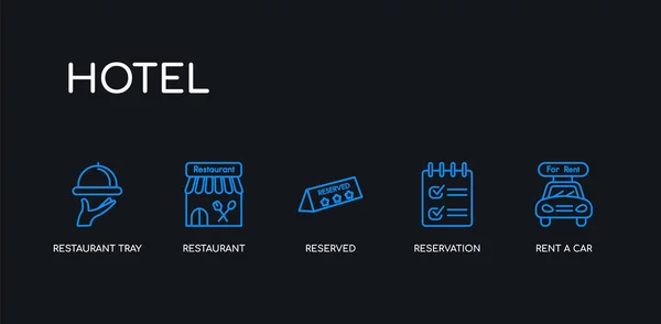 5 umreißen Strich blau Rent a Car, Reservierung, reserviert, Restaurant, Restaurant Tablett Symbole aus der Hotelsammlung auf schwarzem Hintergrund. Linie editierbare lineare dünne Symbole. — Stockvektor