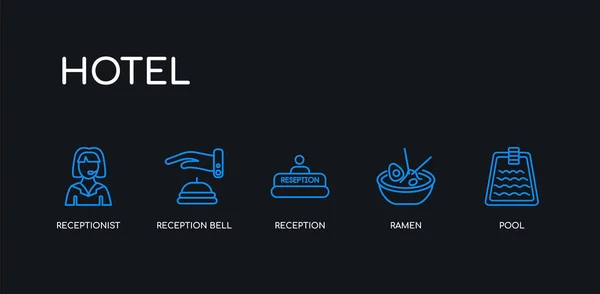 5 outline stroke blue pool, ramen, reception, reception bell, receptionist icons from hotel collection on black background. line editable linear thin icons. — Stock Vector