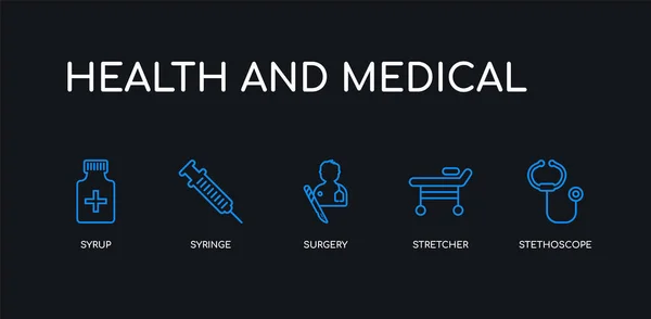 5 outline stroke blue stethoscope, stretcher, surgery, syringe, syrup icons from health and medical collection on black background. line editable linear thin icons. — Stockový vektor
