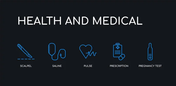 5 contorno de la prueba de embarazo azul accidente cerebrovascular, prescripción, pulso, solución salina, iconos del bisturí de la salud y la colección médica sobre fondo negro. línea editable lineal delgada iconos . — Archivo Imágenes Vectoriales