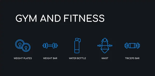 Barre triceps bleu 5 contours, taille, bouteille d'eau, barre de poids, plaques de poids icônes de la salle de gym et collection de remise en forme sur fond noir. icônes minces linéaires modifiables en ligne . — Image vectorielle