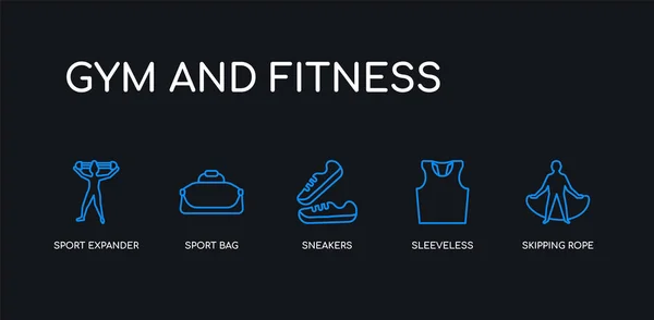 5 contorno trazo azul saltar la cuerda, sin mangas, zapatillas de deporte, bolsa de deporte, el deporte expansor iconos de gimnasio y la colección de fitness sobre fondo negro. línea editable lineal delgada iconos . — Vector de stock