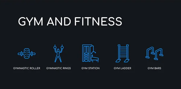 5 barras de gimnasio azul trazo contorno, escalera de gimnasio, estación de gimnasio, anillos gimnásticos, iconos de rodillos gimnásticos de y colección de fitness sobre fondo negro. línea editable lineal delgada iconos . — Vector de stock