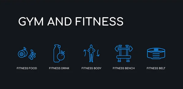 Cinturón de fitness azul de 5 líneas, banco de fitness, cuerpo de fitness, bebida, iconos de la comida del gimnasio y colección sobre fondo negro. línea editable lineal delgada iconos . — Vector de stock