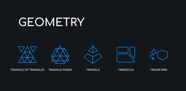 5 trazo contorno azul transformar, trapecio, triángulo, triángulo dentro del hexágono, triángulo de triángulos iconos de la colección de geometría sobre fondo negro. línea editable lineal delgada iconos . — Archivo Imágenes Vectoriales