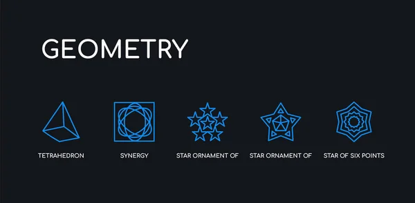 5 outline stroke blue star of six points, star ornament of small triangles, star ornament of triangles, synergy, tetrahedron icons from geometry collection on black background. line editable linear — 스톡 벡터