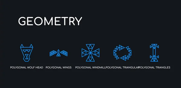 5 контурних штрихів синіх багатокутних трикутників гітара, багатокутна трикутна переробка, багатокутна вітряна млин, крила, піктограми вовчої голови з колекції геометрії на чорному тлі. лінійно-редагований лінійний тонкий — стоковий вектор