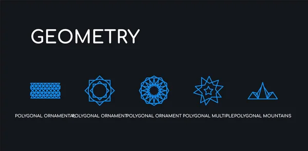 5 zarys obrysu niebieskie wielokątne góry, wielokątny wielu gwiazd, ornament wielokątny, ornament sześciokątów i trójkątów, ozdobne kształt Trójkąty ikony z kolekcji geometrii na czarno — Wektor stockowy