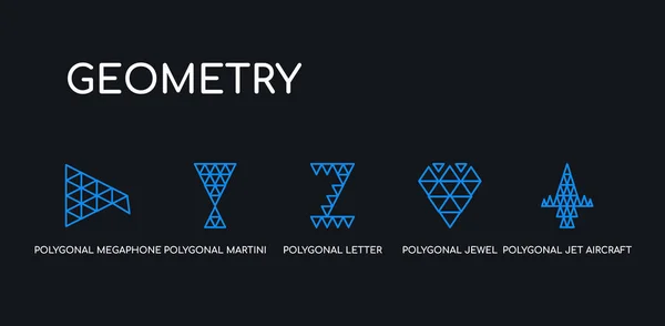 5 Omtreklijn blauwe veelhoekige straalvliegtuigen, veelhoekige juweel, veelhoekige letter z van kleine driehoeken, Martini glas vorm, megafoon iconen uit geometrie collectie op zwarte achtergrond. lijn bewerkbaar — Stockvector