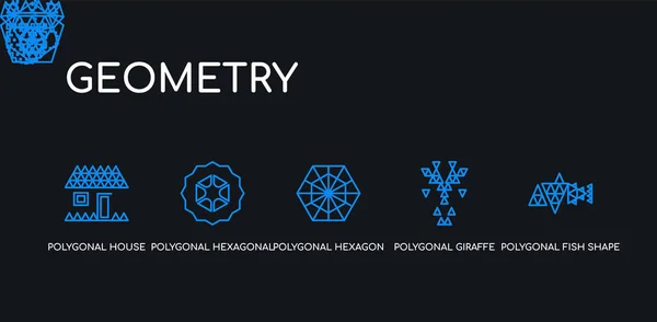 5 esboço traço azul forma de peixe poligonal de pequenos triângulos, girafa poligonal, hexágono poligonal, hexagonal, casa ou ícones de construção em casa da coleção de geometria no fundo preto. linha —  Vetores de Stock