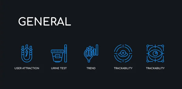 5 contour trait bleu traçabilité, traçabilité, tendance, test d'urine, icônes d'attraction utilisateur de la collection générale sur fond noir. icônes minces linéaires modifiables en ligne . — Image vectorielle