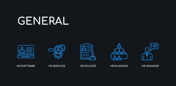 5 outline stroke blue hr manager, hr planning, hr policies, services, software icons from general collection on black background. line editable linear thin icons. — 图库矢量图片