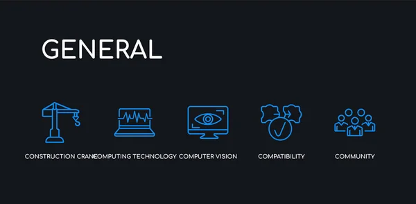 5 delinear acidente vascular cerebral comunidade azul, compatibilidade, visão computacional, tecnologia de computação, ícones de guindaste de construção da coleção geral sobre fundo preto. linha ícones finos lineares editáveis . —  Vetores de Stock