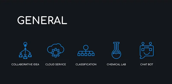 5 overzicht beroerte blauwe chat bot, chemisch lab, classificatie, Cloud service, collaboratieve idee iconen uit de algemene collectie op zwarte achtergrond. lijn bewerkbare lineaire dunne pictogrammen. — Stockvector