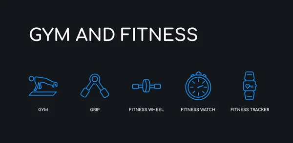 5 umrissene Schlaganfälle blauer Fitness-Tracker, Fitness-Uhr, Fitness-Rad, Griff, Fitness-Icons aus dem Fitnessstudio und Kollektion auf schwarzem Hintergrund. Linie editierbare lineare dünne Symbole. Vektorgrafiken