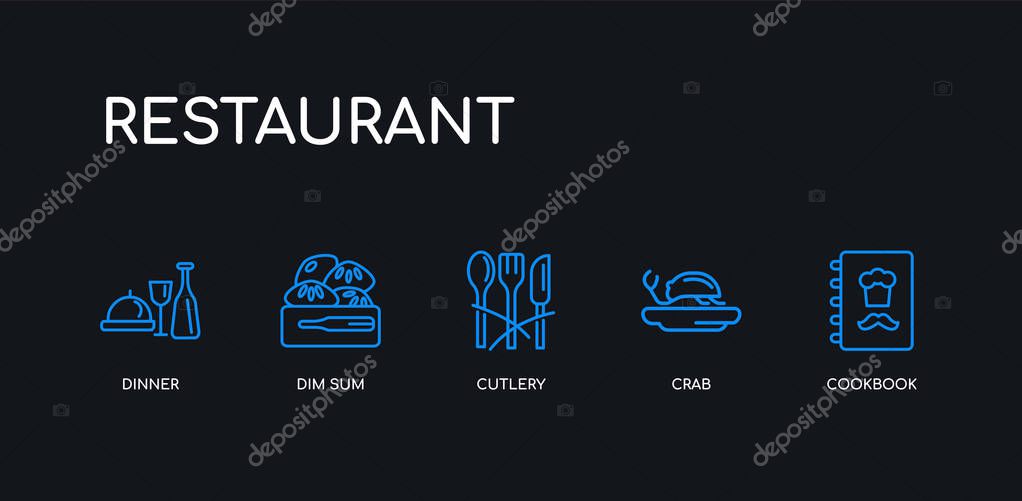 5 outline stroke blue cookbook, crab, cutlery, dim sum, dinner icons from restaurant collection on black background. line editable linear thin icons.