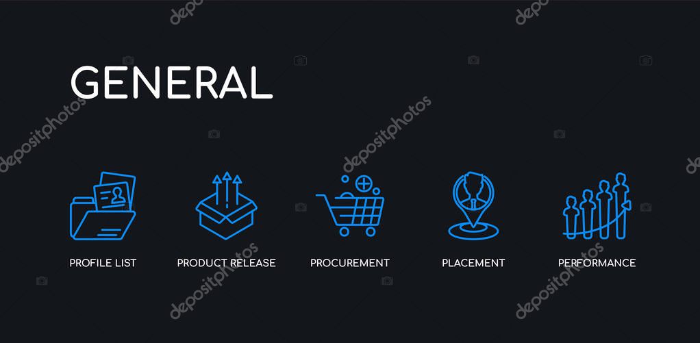 5 outline stroke blue performance, placement, procurement, product release, profile list icons from general collection on black background. line editable linear thin icons.