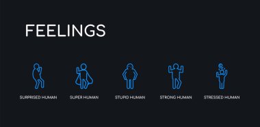 5 outline stroke blue stressed human, strong human, stupid human, super surprised icons from feelings collection on black background. line editable linear thin icons. clipart