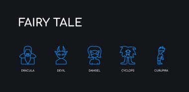 5 anahat vuruş mavi curupira, cyclops, damsel, şeytan, siyah arka plan üzerinde masal koleksiyonundan dracula simgeler. çizgi düzenlenebilir doğrusal ince simgeler.