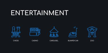 5 anahat vuruş mavi hayvanat bahçesi, tampon araba, atlıkarınca, casino, siyah arka plan üzerinde eğlence koleksiyonundan satranç simgeleri. çizgi düzenlenebilir doğrusal ince simgeler.