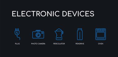 5 anahat kontur mavi fırın, pendrive, percolator, fotoğraf kamerası, siyah arka plan üzerinde elektronik cihazlar koleksiyonundan fiş simgeleri. çizgi düzenlenebilir doğrusal ince simgeler.