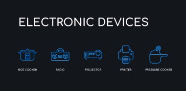 5 anahat kontur mavi düdüklü tencere, yazıcı, projektör, radyo, siyah arka plan üzerinde elektronik cihazlar koleksiyonundan pirinç ocak simgeleri. çizgi düzenlenebilir doğrusal ince simgeler.