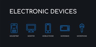 5 anahat vuruş mavi mikrofon, mikrodalga, cep telefonu, monitör, siyah arka plan üzerinde elektronik cihazlar koleksiyonundan mousetrap simgeleri. çizgi düzenlenebilir doğrusal ince simgeler.