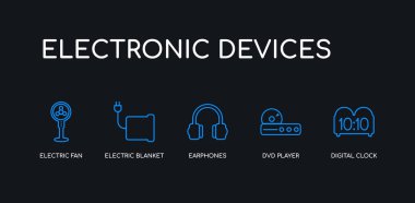 5 anahat inme mavi dijital saat, dvd oynatıcı, kulaklık, elektrikli battaniye, siyah arka plan üzerinde elektronik cihazlar koleksiyonundan elektrikli fan simgeleri. çizgi düzenlenebilir doğrusal ince simgeler.