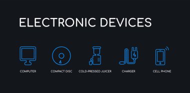 5 anahat vuruş mavi cep telefonu, şarj cihazı, soğuk preslenmiş juicer, kompakt disk, siyah arka plan üzerinde elektronik cihazlar koleksiyonundan bilgisayar simgeleri. çizgi düzenlenebilir doğrusal ince simgeler.