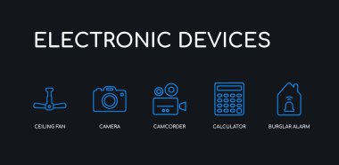 5 anahat kontur mavi hırsız alarmı, hesap makinesi, kamera, kamera, siyah arka plan üzerinde elektronik cihazlar koleksiyonundan tavan fan simgeleri. çizgi düzenlenebilir doğrusal ince simgeler.