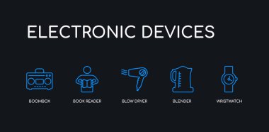 5 anahat vuruş mavi kol saati, blender, fön makinesi, kitap okuyucu, siyah arka plan üzerinde elektronik cihazlar koleksiyonundan boombox simgeleri. çizgi düzenlenebilir doğrusal ince simgeler.