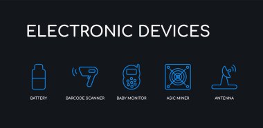 5 anahat vuruş mavi anten, asik madenci, bebek monitörü, barkod tarayıcı, siyah arka plan üzerinde elektronik cihazlar koleksiyonundan pil simgeleri. çizgi düzenlenebilir doğrusal ince simgeler.