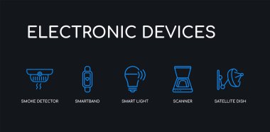5 anahat vuruş mavi uydu anteni, tarayıcı, akıllı ışık, smartband, siyah arka plan üzerinde elektronik cihazlar koleksiyonundan duman dedektörü simgeleri. çizgi düzenlenebilir doğrusal ince simgeler.