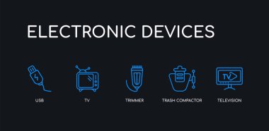 5 anahat vuruş mavi televizyon, çöp kompaktörü, düzeltici, tv, siyah arka plan üzerinde elektronik cihazlar koleksiyonundan usb simgeleri. çizgi düzenlenebilir doğrusal ince simgeler.