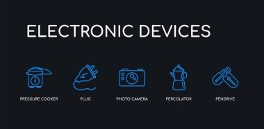 5 anahat kontur mavi pendrive, percolator, fotoğraf kamerası, fiş, siyah arka plan üzerinde elektronik cihazlar koleksiyonundan düdüklü tencere simgeleri. çizgi düzenlenebilir doğrusal ince simgeler.