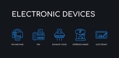 5 anahat vuruş mavi elektronik, espresso makinesi, egzoz kaputu, faks, faks makinesi simgeleri siyah arka plan üzerinde elektronik cihazlar koleksiyonundan. çizgi düzenlenebilir doğrusal ince simgeler.