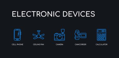 5 anahat vuruş mavi hesap makinesi, kamera, kamera, tavan fanı, siyah arka plan üzerinde elektronik cihazlar koleksiyonundan cep telefonu simgeleri. çizgi düzenlenebilir doğrusal ince simgeler.