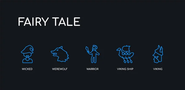 5 Outline stroke kék Viking, viking hajó, harcos, farkasember, gonosz ikonok mese gyűjtemény fekete háttér. vonal szerkeszthető lineáris vékony ikonok. — Stock Vector