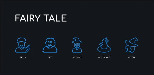 5 outline stroke blue witch, witch hat, wizard, yeti, zeus icons from fairy tale collection on black background. line editable linear thin icons. — Stock Vector