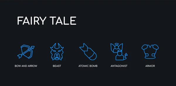 5 outline stroke blue armor, antagonist, atomic bomb, beast, bow and arrow icons from fairy tale collection on black background. line editable linear thin icons. — Stock Vector