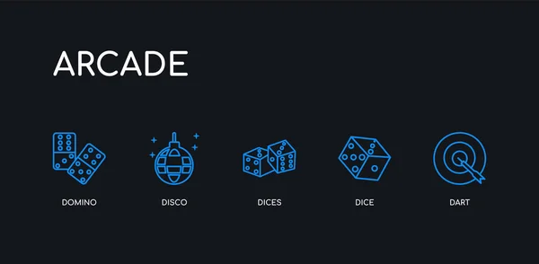 5 esboço traço azul dardo, dados, dados, discoteca, ícones de dominó da coleção de arcade no fundo preto. linha ícones finos lineares editáveis . —  Vetores de Stock