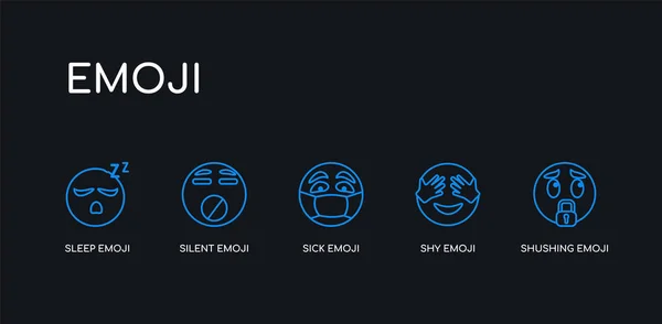 5 Outline stroke kék shushing Emoji, félénk Emoji, beteg Emoji, néma alvás ikonok gyűjtemény fekete háttér. vonal szerkeszthető lineáris vékony ikonok. — Stock Vector