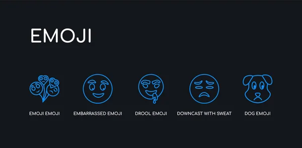 5 vázlatos stroke-kék kutya Emoji, leöntött a verejték Emoji, nyáladzik Emoji, zavarba ikonok gyűjtemény fekete háttér. vonal szerkeszthető lineáris vékony ikonok. — Stock Vector
