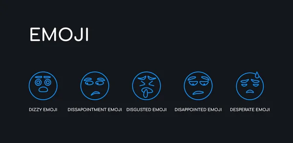 5 vázlatos körvonal kék kétségbeesett Emoji, csalódott Emoji, utálkozó Emoji, dissapointment szédül ikonok-ból gyűjtemény fekete háttér. vonal szerkeszthető lineáris vékony ikonok. — Stock Vector
