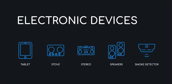 5 Omtreklijn blauwe rookmelder, luidsprekers, stereo, fornuis, Tablet iconen van elektronische apparaten collectie op zwarte achtergrond. lijn bewerkbare lineaire dunne pictogrammen. — Stockvector