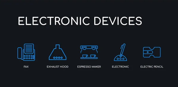 5 umreißen Strich blau elektrischen Bleistiftspitzer, elektronische, Espressomaschine, Dunstabzugshaube, Fax-Symbole aus elektronischen Geräten Sammlung auf schwarzem Hintergrund. Linie editierbare lineare dünne Symbole. — Stockvektor