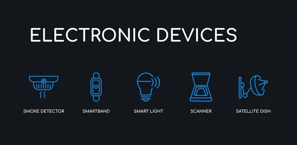 5 контур штрих синий спутниковый антенна, сканер, умный свет, смарт-лента, датчик дыма иконки из коллекции электронных устройств на черном фоне. отредактируемые линейные тонкие значки . — стоковый вектор