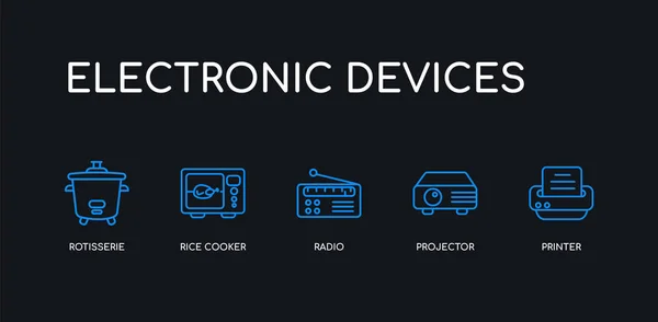 5 контур штрих синий принтер, проектор, радио, рисоварка, иконки гриль из коллекции электронных устройств на черном фоне. отредактируемые линейные тонкие значки . — стоковый вектор